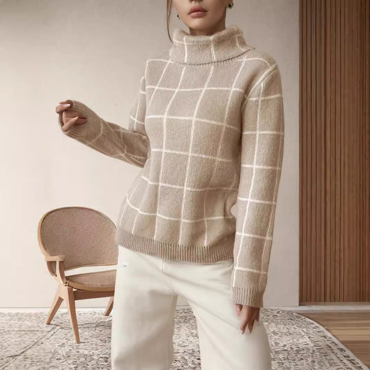 Damen lässiger Grobstrickpullover mit modernem Karomuster und hoher Kragen Drune