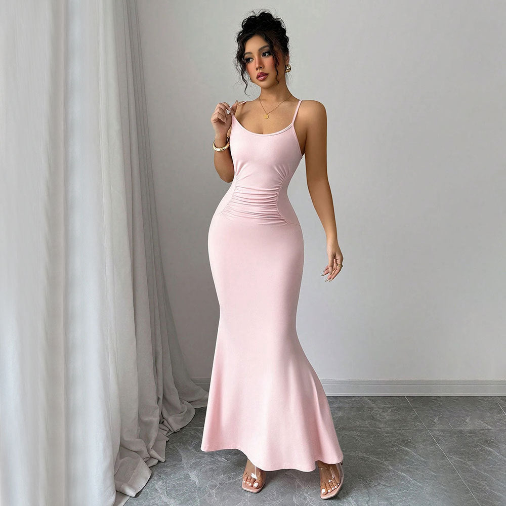 Damen figurbetontes Maxikleid mit Spaghettiträgern und raffiniertem Drapierungsdesign Drune