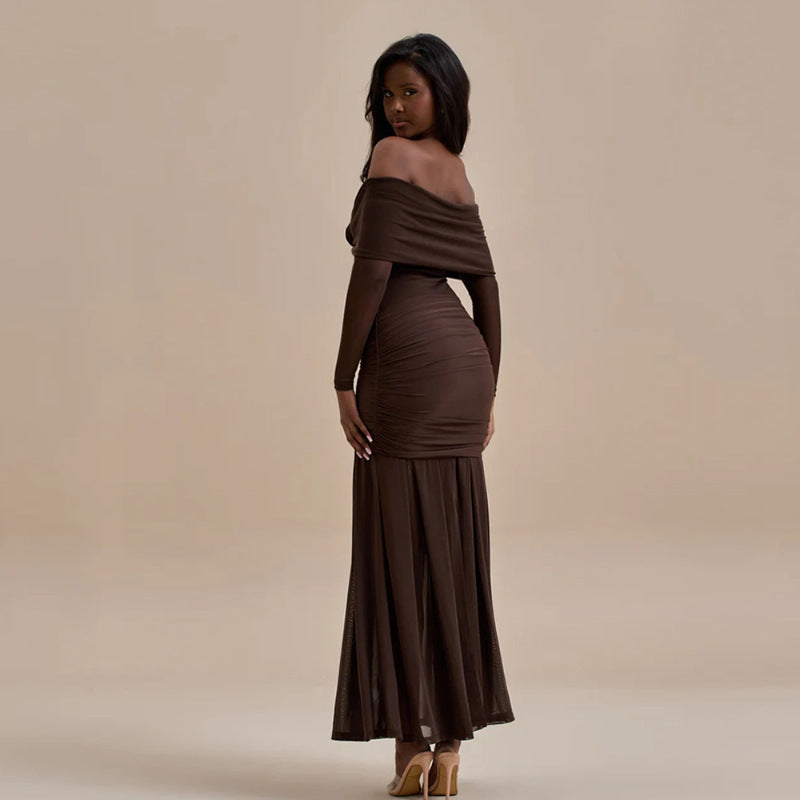 Damen Elegantes Wickel-Maxikleid mit Rüschen und Off-Shoulder Design Drune