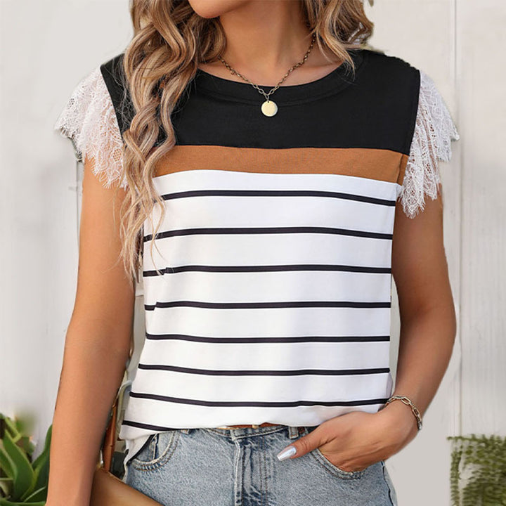 Damen T-Shirt mit elegantem Spitzenbesatz und gestreiftem Design Drune