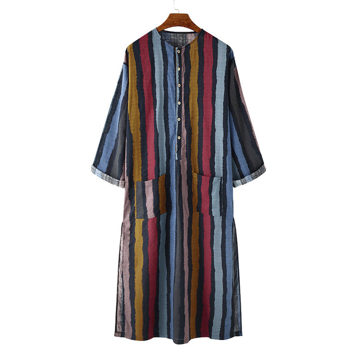 Damen nan lockeres Maxi-Leinenkleid mit durchgehender Knopfleiste Rundhalsausschnitt und aufgesetzten Taschen Drune