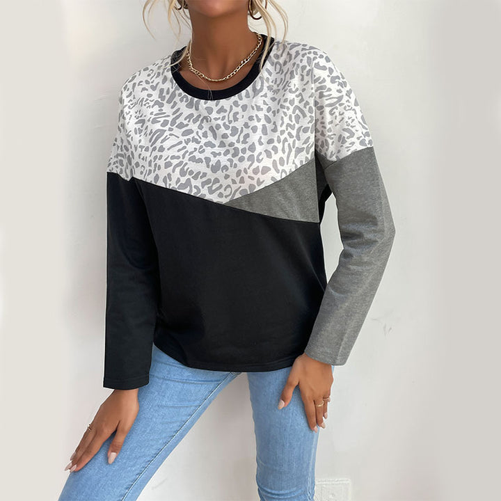 Damen modisches Langarmshirt mit kreativem Leoprint und Blockstreifen Drune