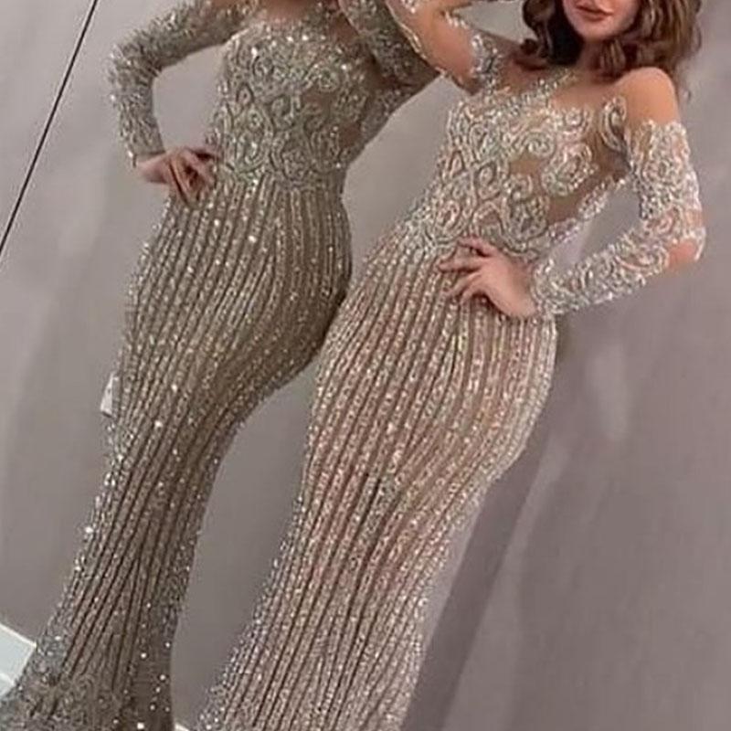 Damen Glamouröses Pailletten-Kleid mit langem Ärmeln und eng anliegendem Schnitt Drune