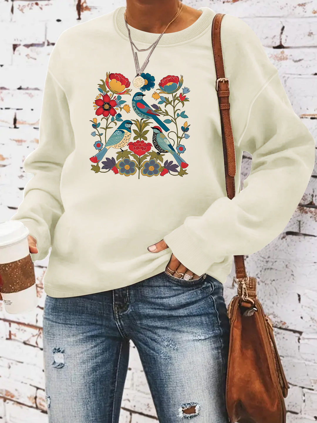 Damen Sweatshirt mit floralem Vogelmotiv und lässigem Schnitt Drune