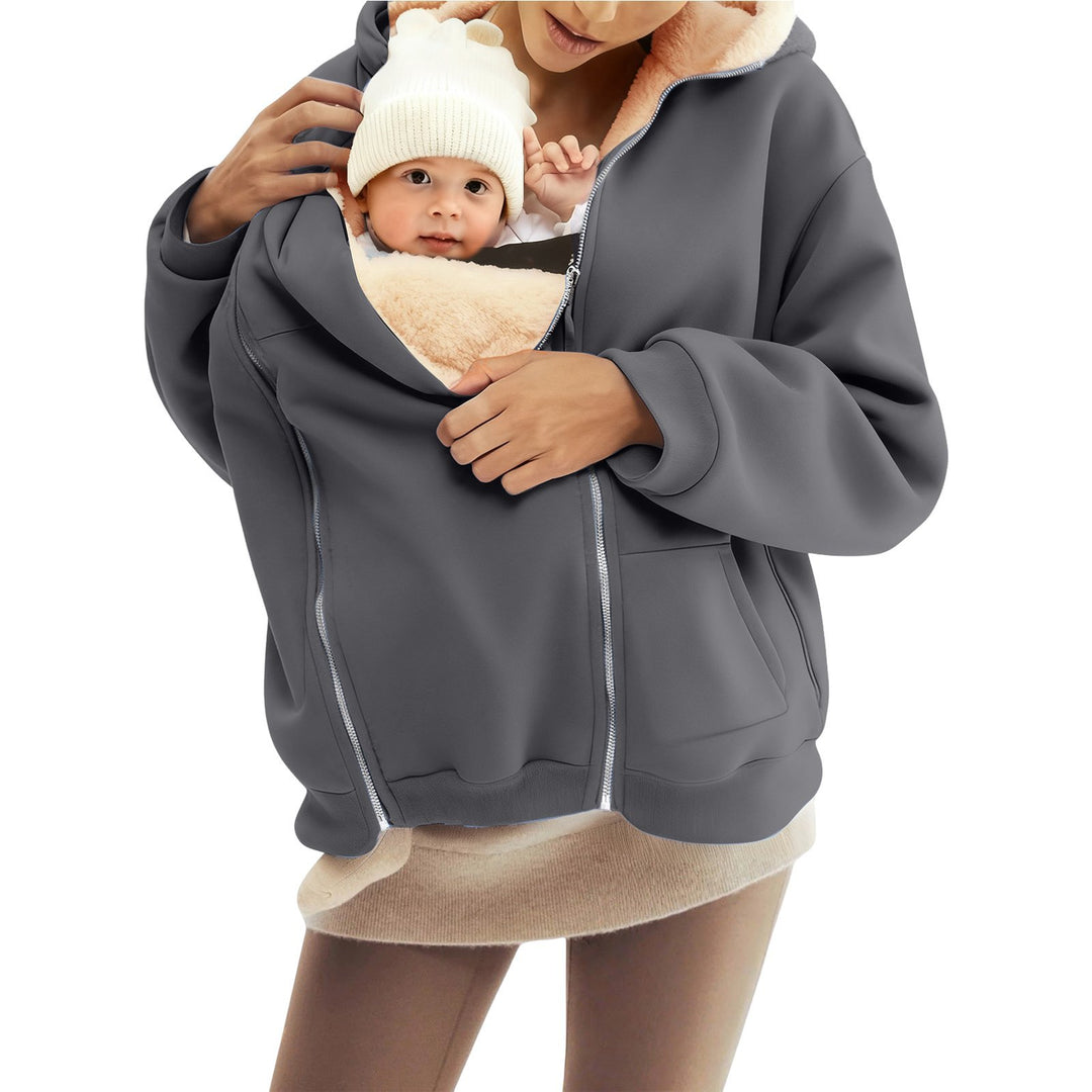 Damen nan Babytrage-Hoodie mit Teddyfutter und Zweiwege-Reißverschluss Drune