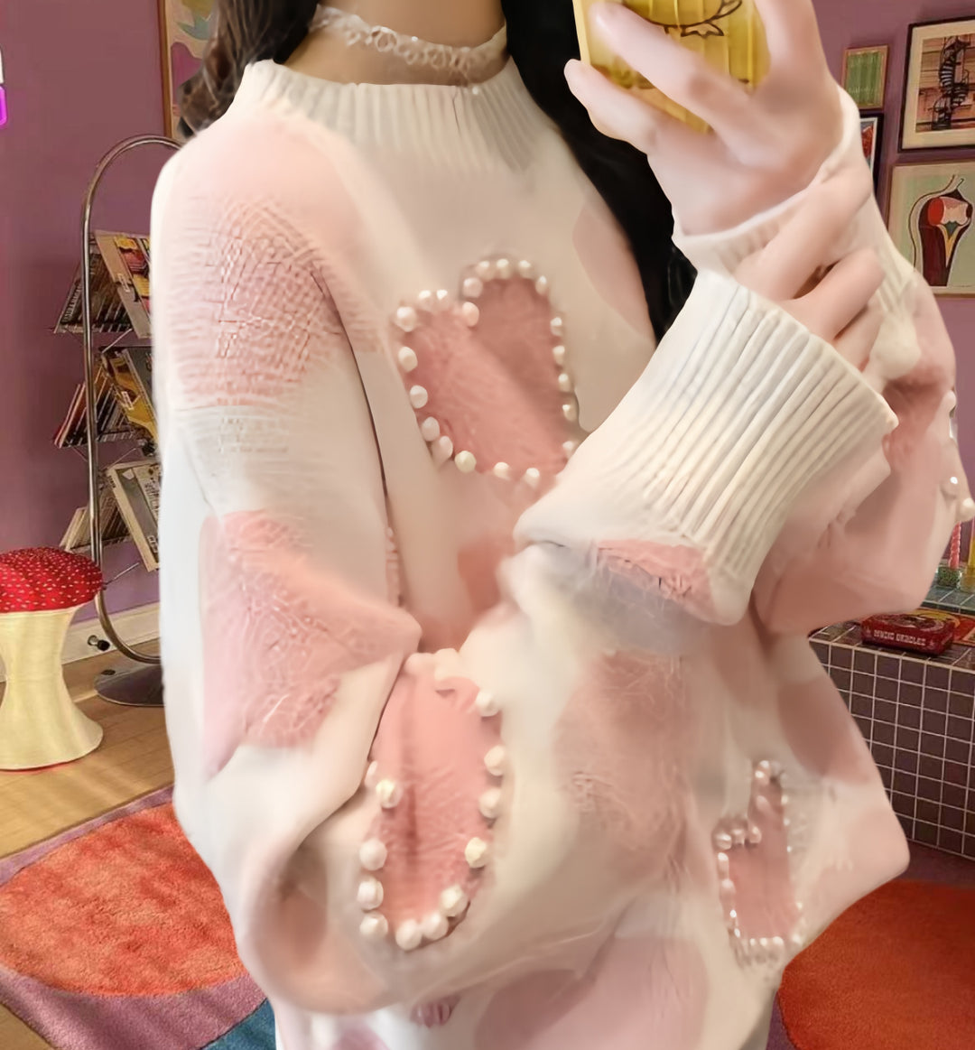 Damen Gemusterter Strickpullover mit Herz-Applikationen und Rippkragen Drune