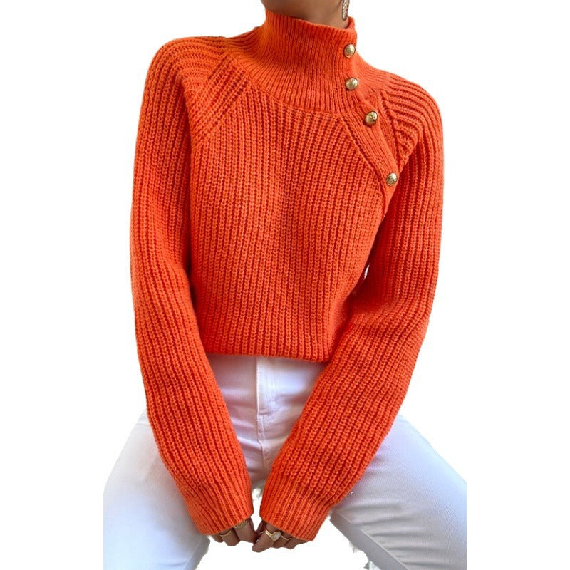Damen Modischer Strickpullover mit hohem Kragen und Knopfdetail Drune
