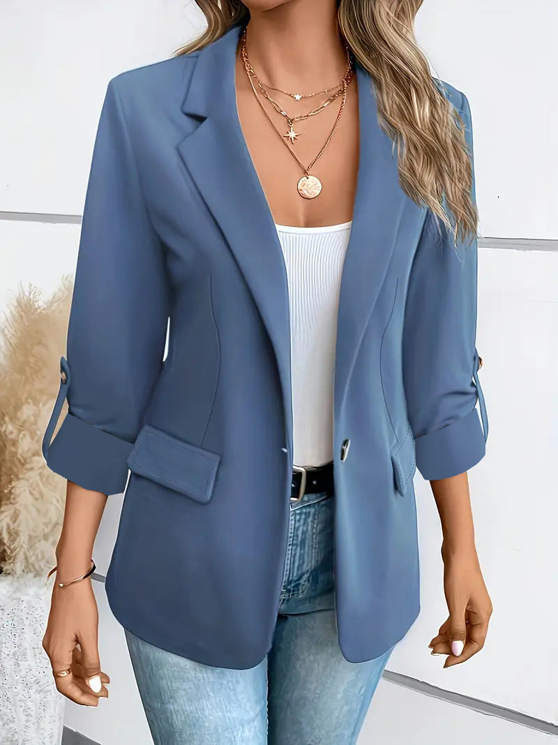 Damen nan taillierter Business-Blazer mit verkürzten Ärmeln umgeschlagenen Manschetten und dekorativen Knöpfen Drune