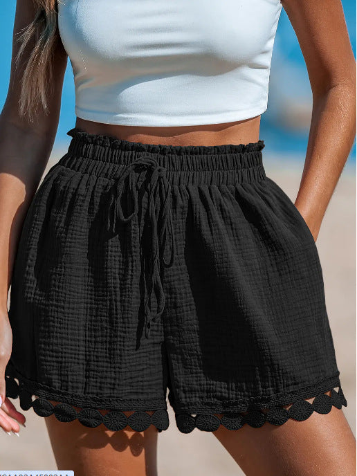Damen lockere Short mit elastischem Bund und dekorativem Häkelabschluss Drune