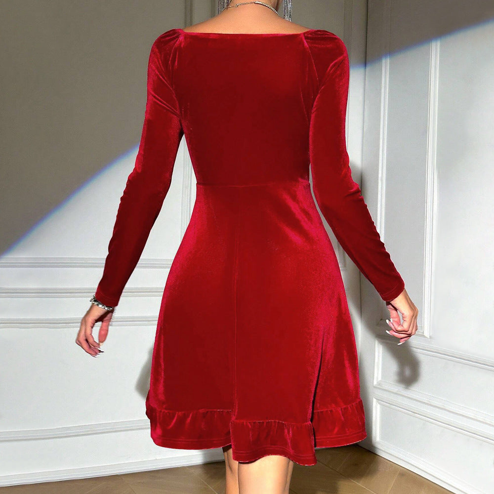 Damen Samt Midi-Kleid mit elegantem V-Ausschnitt und lässigen Rüschendetails Drune