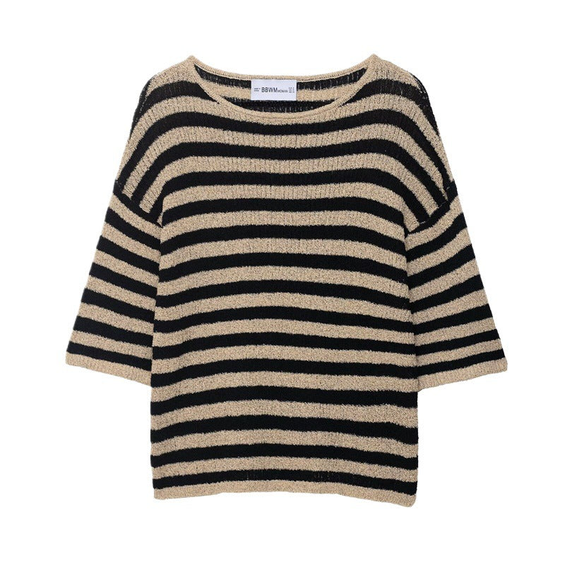 Damen lässiger Strickpullover mit breiten Streifen und weichem Material Drune