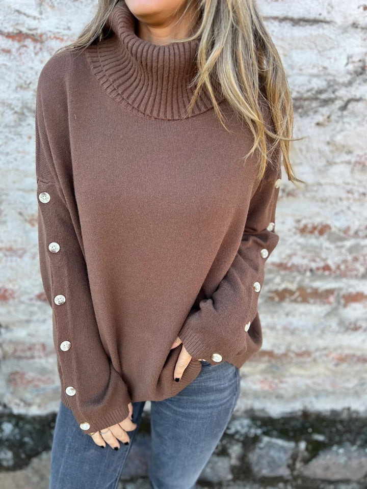 Damen Pullover mit Rollkragen und dekorativen Knopfdetails Drune