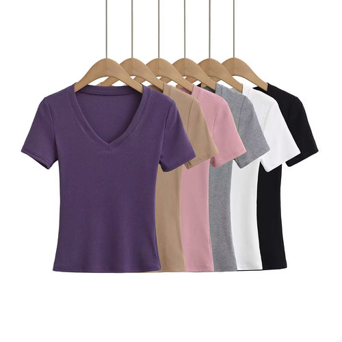 Damen V-Ausschnitt T-Shirt aus hochwertiger Baumwolle mit bequemer Passform Drune