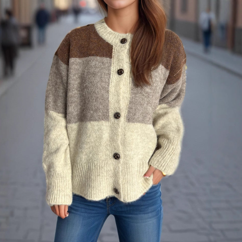Damen kuschelige Strickjacke mit modischem Farbblockdesign und dekorativen Knöpfen Drune