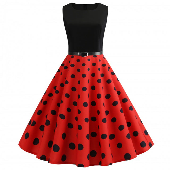 Damen A-Linien Kleid mit Punkten und Taillengürtel Drune