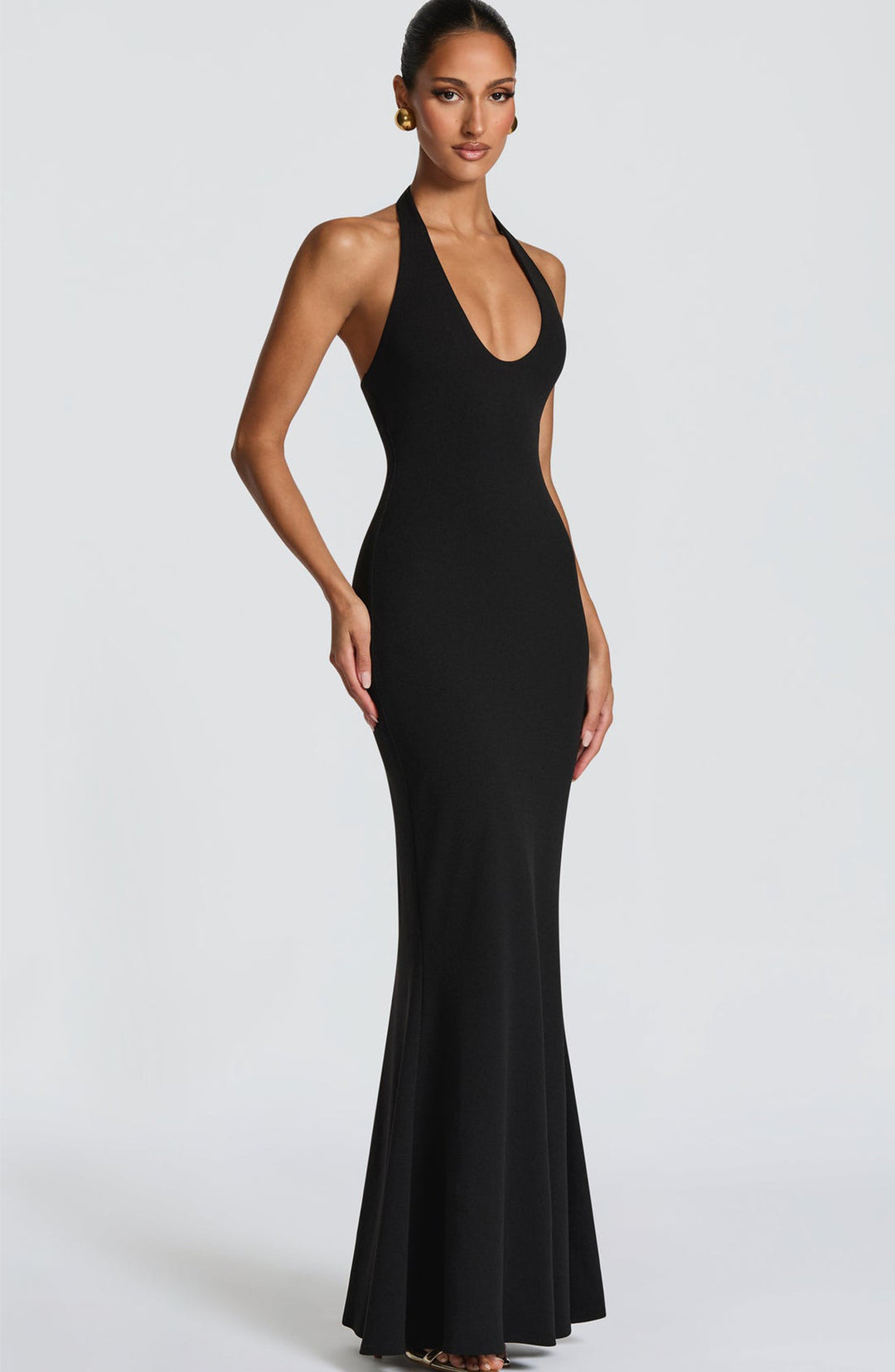 Damen Elegantes Bodenkleid mit tiefem V-Ausschnitt und figurbetontem Design Drune