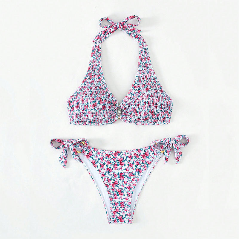 Damen Triangel-Bikini mit buntem Blumenmuster und verstellbaren Bindebändern Drune