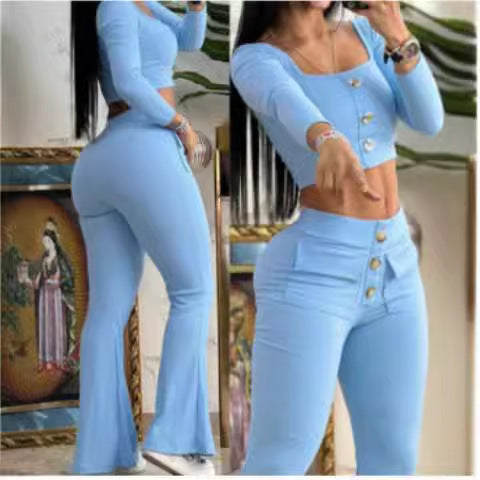 Damen modisches cropped Oberteil mit Flared-Hose und Knopfdetails Drune