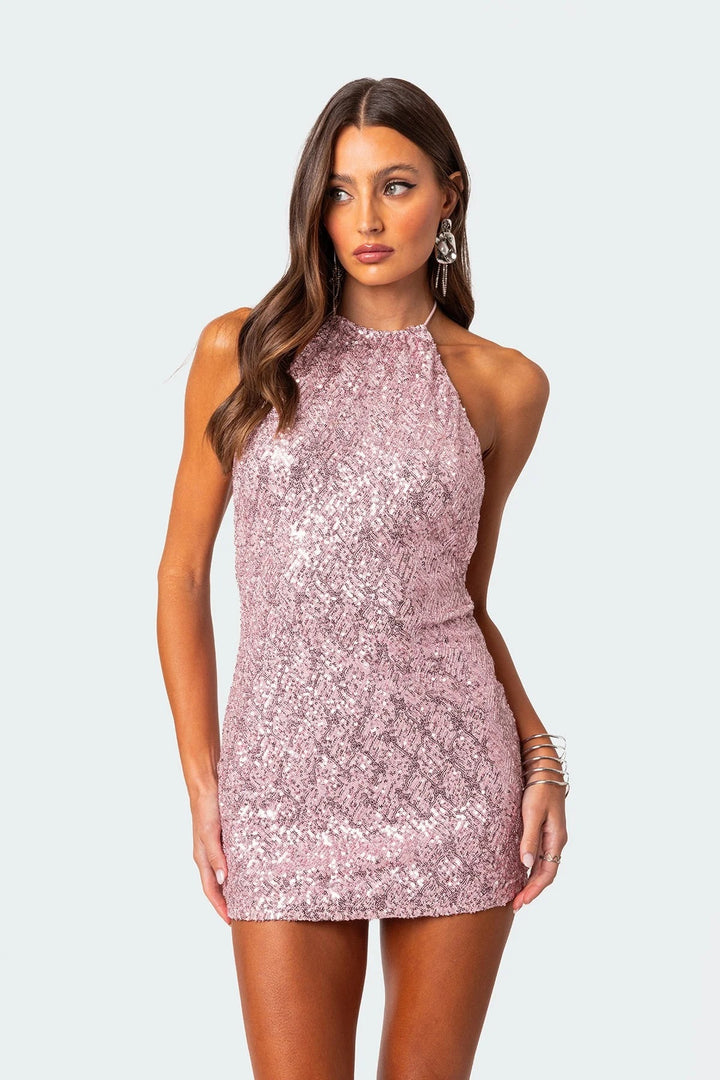 Damen Glitzerndes Minikleid mit hohem Hals und figurbetontem Schnitt Drune