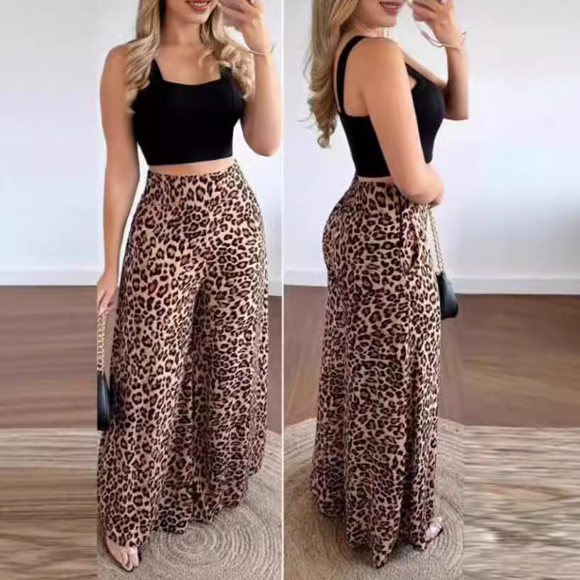 Damen Weite Leoprint-Hose mit hohem Bund und elastischem Taillenbund Drune