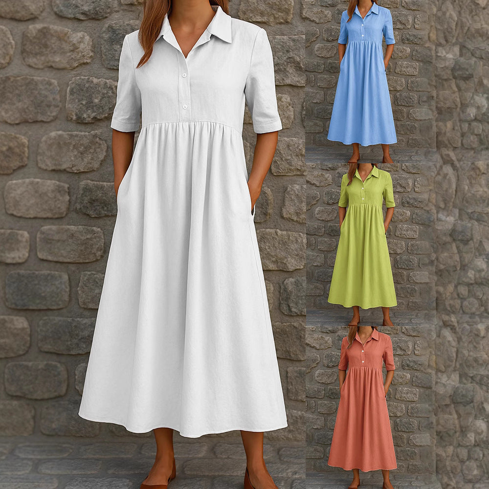 Damen Elegantes Maxikleid mit Hemdkragen und praktischen Taschen Drune