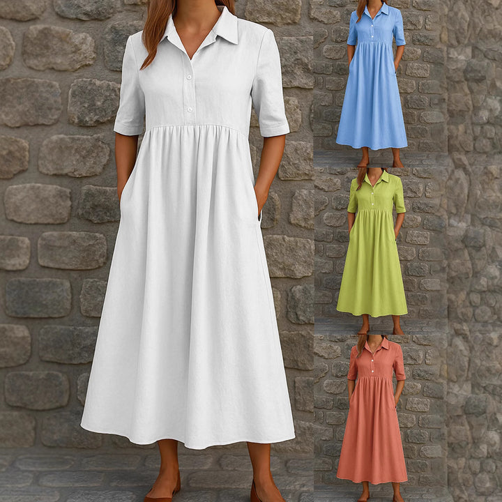 Damen Elegantes Maxikleid mit Hemdkragen und praktischen Taschen Drune