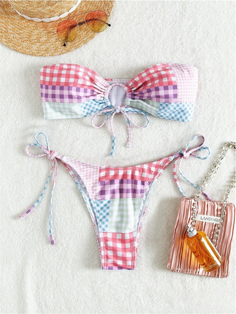 Damen Bikini-Set mit verspieltem Karomuster und verstellbaren Bindebändern Drune