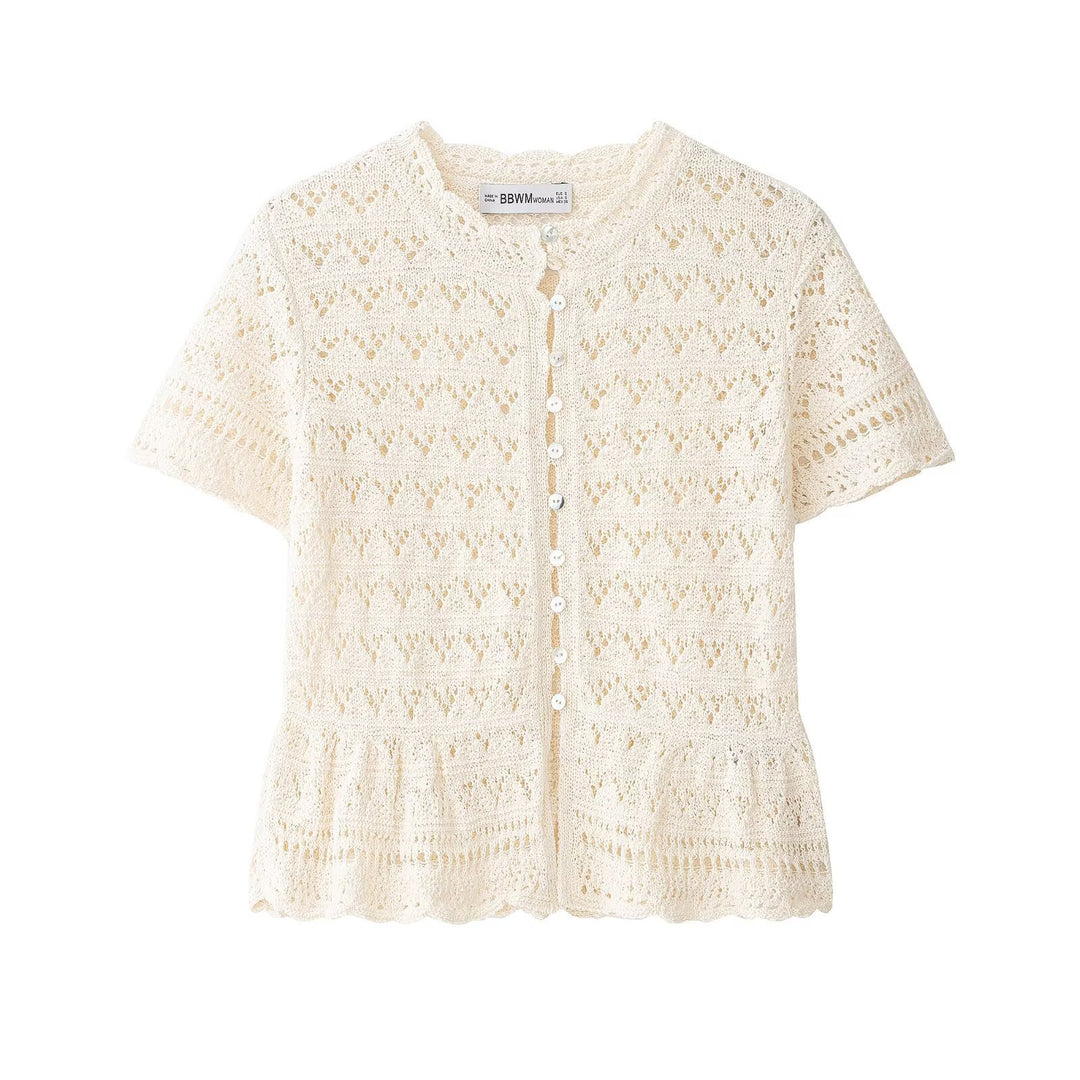 Damen feine Kurzarm-Bluse mit romantischem Spitzenmuster Drune