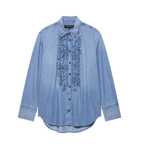 Damen nan Chambray-Bluse mit Rüschenknopfleiste, Hemdkragen und verlängertem Saum Drune
