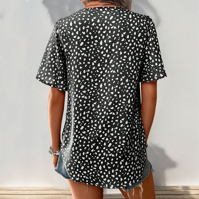 Damen V-Ausschnitt T-Shirt mit Leopardenmuster und fließendem Schnitt Drune