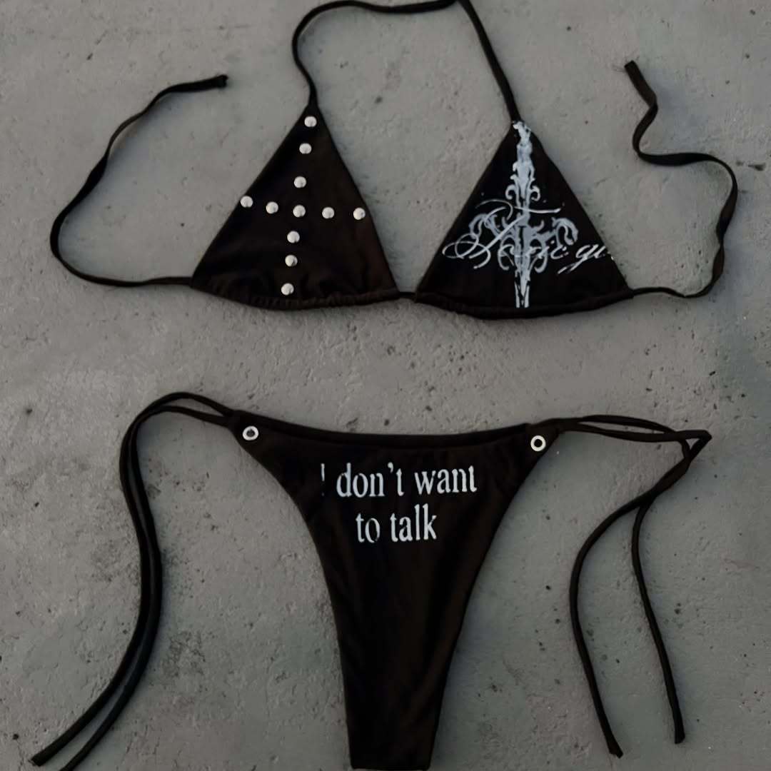 Damen Triangle-Bikini mit einzigartigem Schriftzug und Glitzerelementen Drune