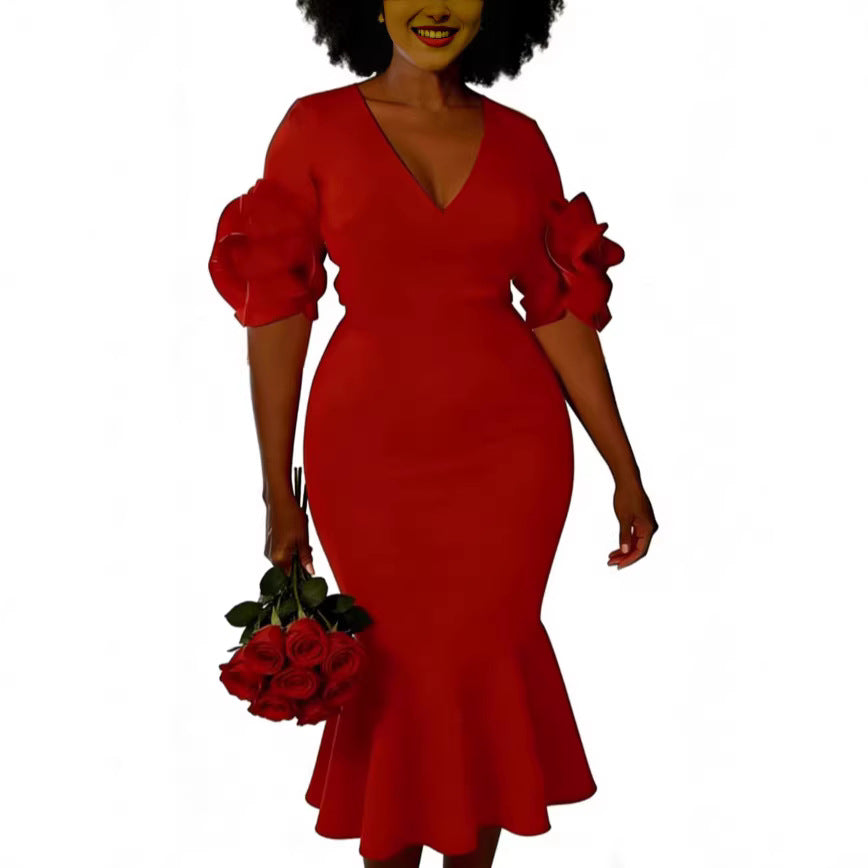 Damen figurbetontes Kleid mit voluminösen Rüschenschultern Drune
