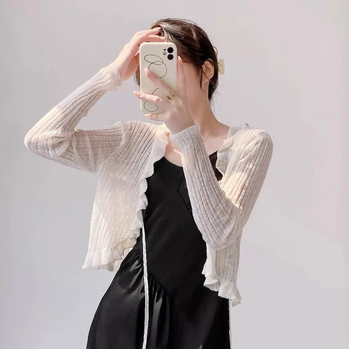 Damen Strickjacke mit Rüschendetails und luftiger Struktur Drune