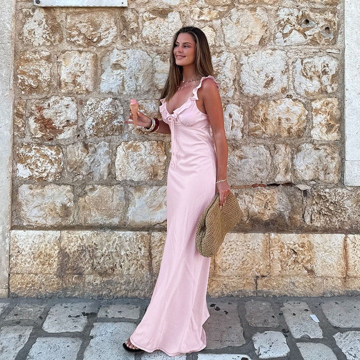 Damen Maxikleid mit frischem Rüschendesign und neckholder Detail Drune
