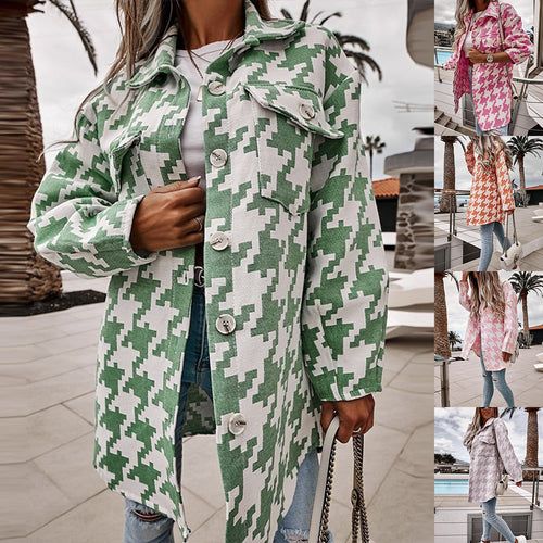 Damen Oversized Jacke im Hahnentritt-Design mit Taschen Drune