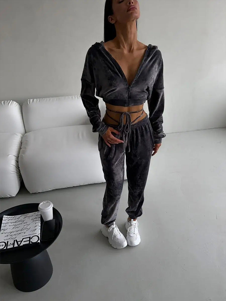 Damen modischer Samt-Jogginganzug mit cropped Hoodie Drune