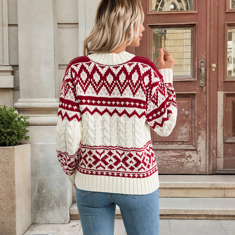 Damen gestrickter Pullover mit grafischem Norweger-Muster und hochgeschlossenem Kragen Drune