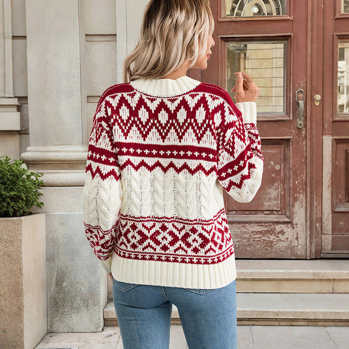 Damen gestrickter Pullover mit grafischem Norweger-Muster und hochgeschlossenem Kragen Drune