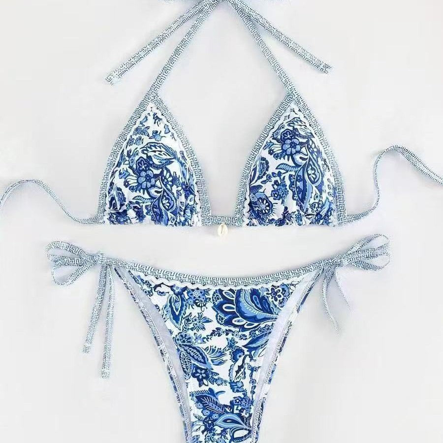 Damen Triangel-Bikini mit floralem Muster und verstellbaren Bindebändern Drune