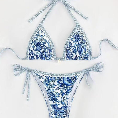 Damen Triangel-Bikini mit floralem Muster und verstellbaren Bindebändern Drune