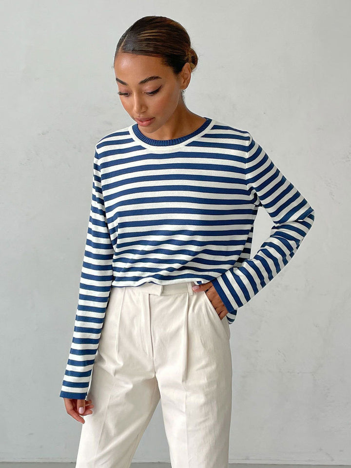 Damen lässiger Strickpullover mit gestreiftem Muster und weitem Schnitt Drune