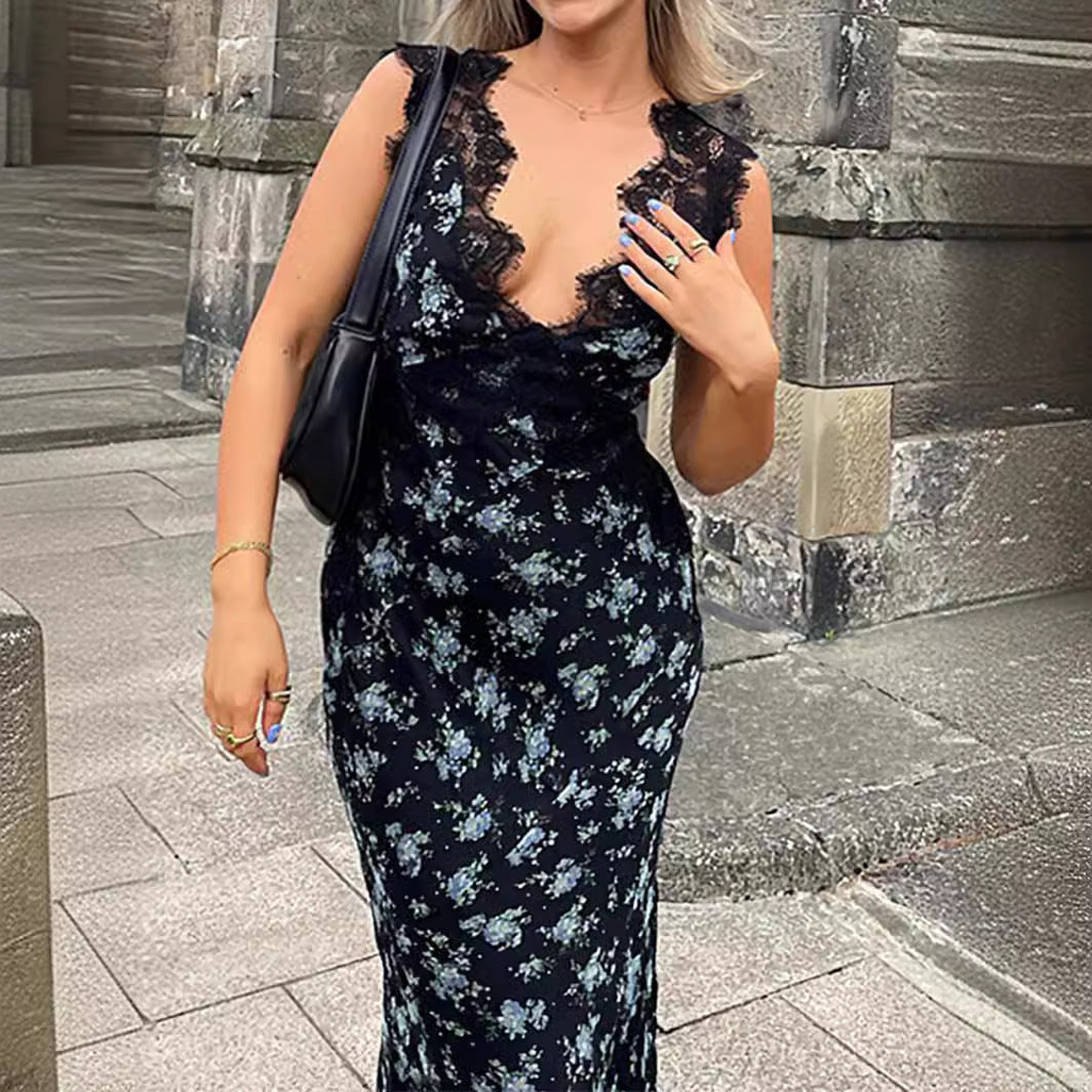 Damen Maxikleid mit floralen Spitzenakzenten Drune