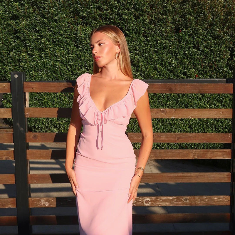 Damen figurbetontes Maxikleid mit Rüschendetails und V-Ausschnitt Drune