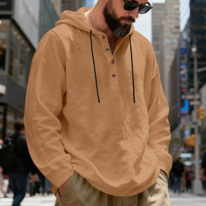 Herren nan legeres Henley-Kapuzenhemd mit Knopfleiste, Kordelzug und gerundetem Saum Drune