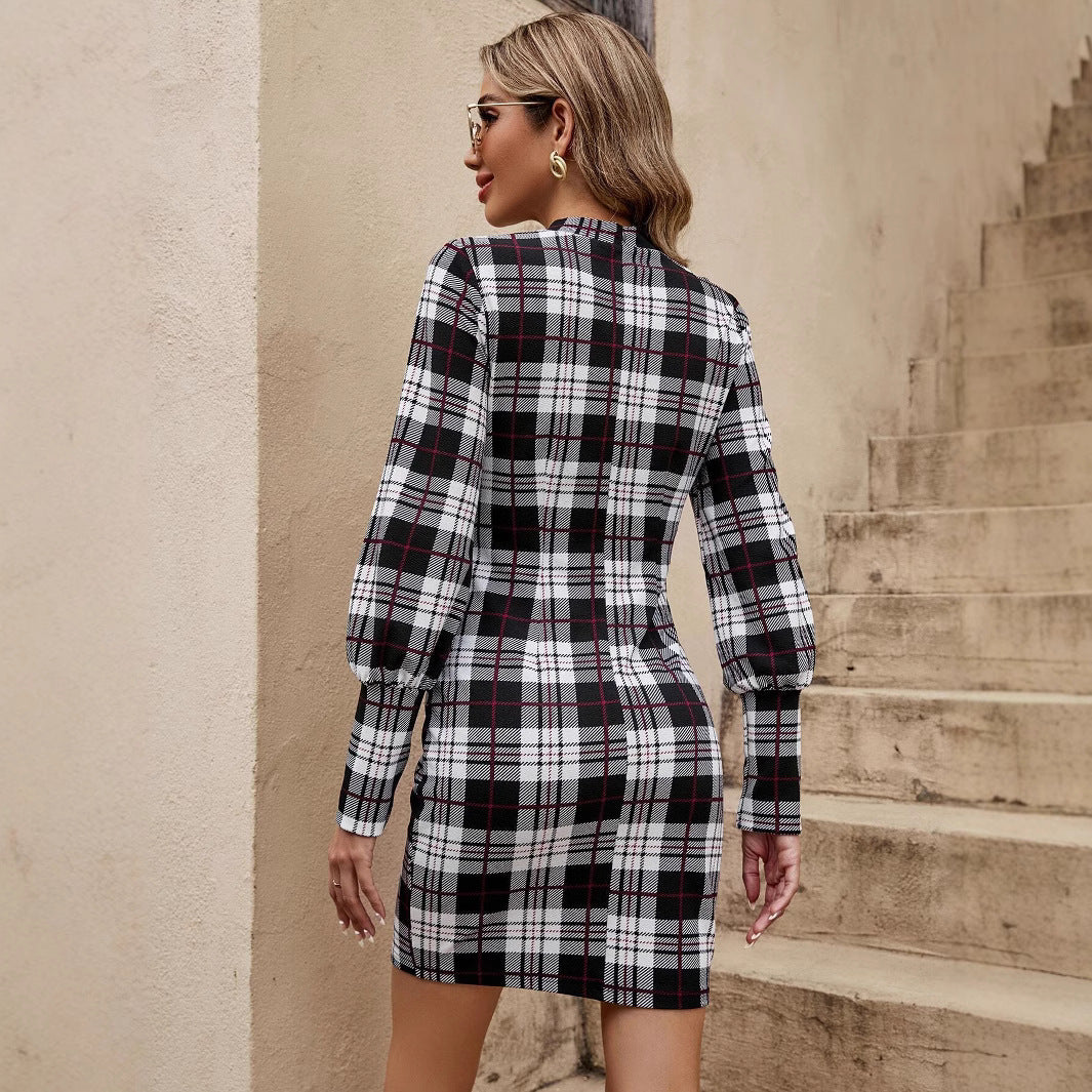Damen figurbetontes Karo-Kleid mit Puffärmeln Drune