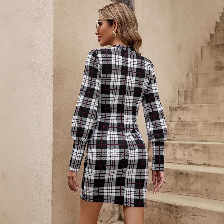 Damen figurbetontes Karo-Kleid mit Puffärmeln Drune