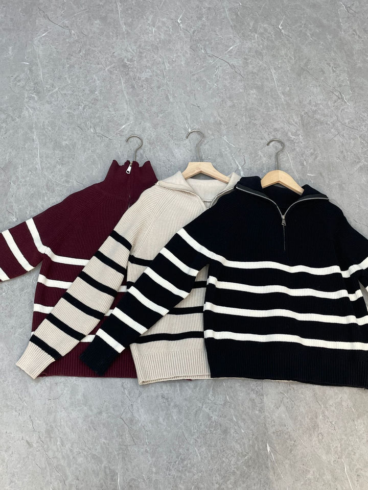 Damen modischer Pullover mit fundiertem Reißverschluss und Streifenmuster Drune