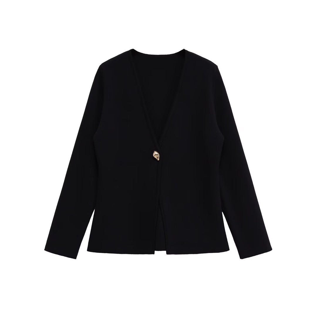 Damen elegante Strickjacke mit tiefem V-Ausschnitt und dekorativem Knopf Drune