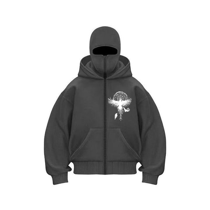 Damen Kapuzenjacke mit einzigartigem Tribal-Druck und hohem Kragen Drune
