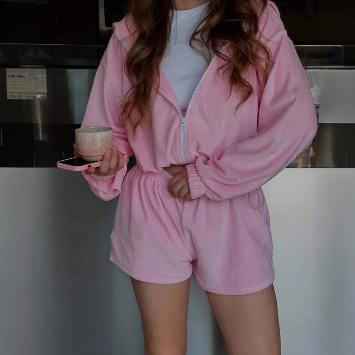 Damen Sportliches Set aus cropped Hoodie und kürzeren Hosen mit elastischem Bund Drune